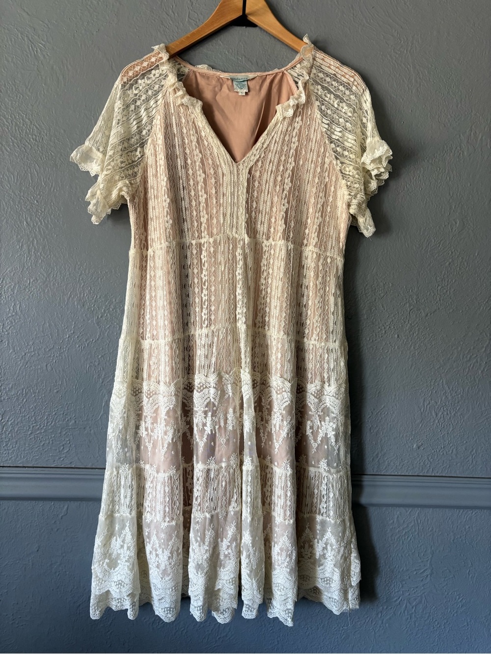 Sundance Ivory Lace Overlay Midi Dress Blush Lined Boho Cottagecore Size Large